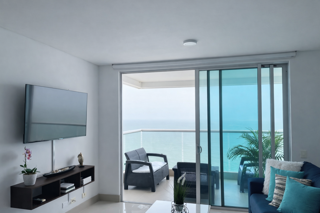 Sala minimalista con vista al mar